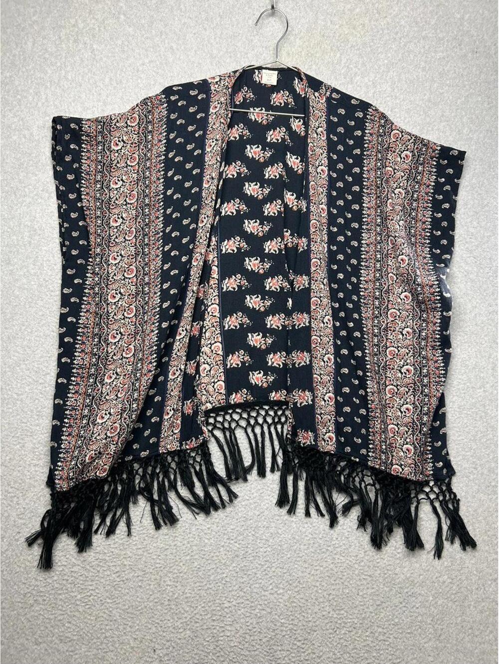 Abercrombie & Fitch Boho Cover Up Cardigan XS/S Black Floral Fringe Kimono Gypsy